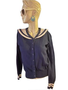 Blue Retro style Sailor Collar w/ Anchor! Button Cardigan with white Trim